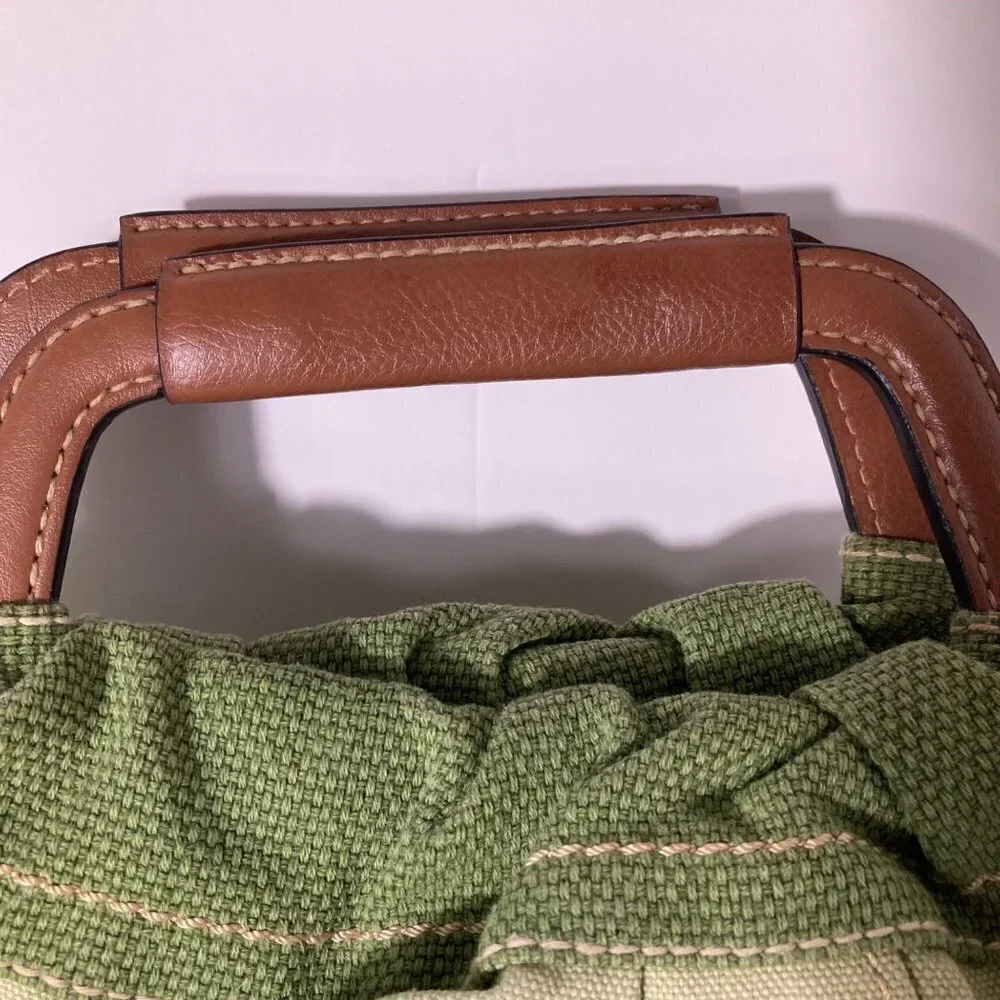 Womens Vintage Fossil‎ Canvas Handbag Leather Handles Green 12 x 15
